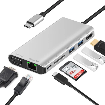 

Type-C To Hdmi Vga Converter Usbc To Rj45 Lan 4K Hdmi Vga 2Usb 3.0 Sd Card Slot Reader 8 In 1 Type C Dock Adapter Hub For Macb