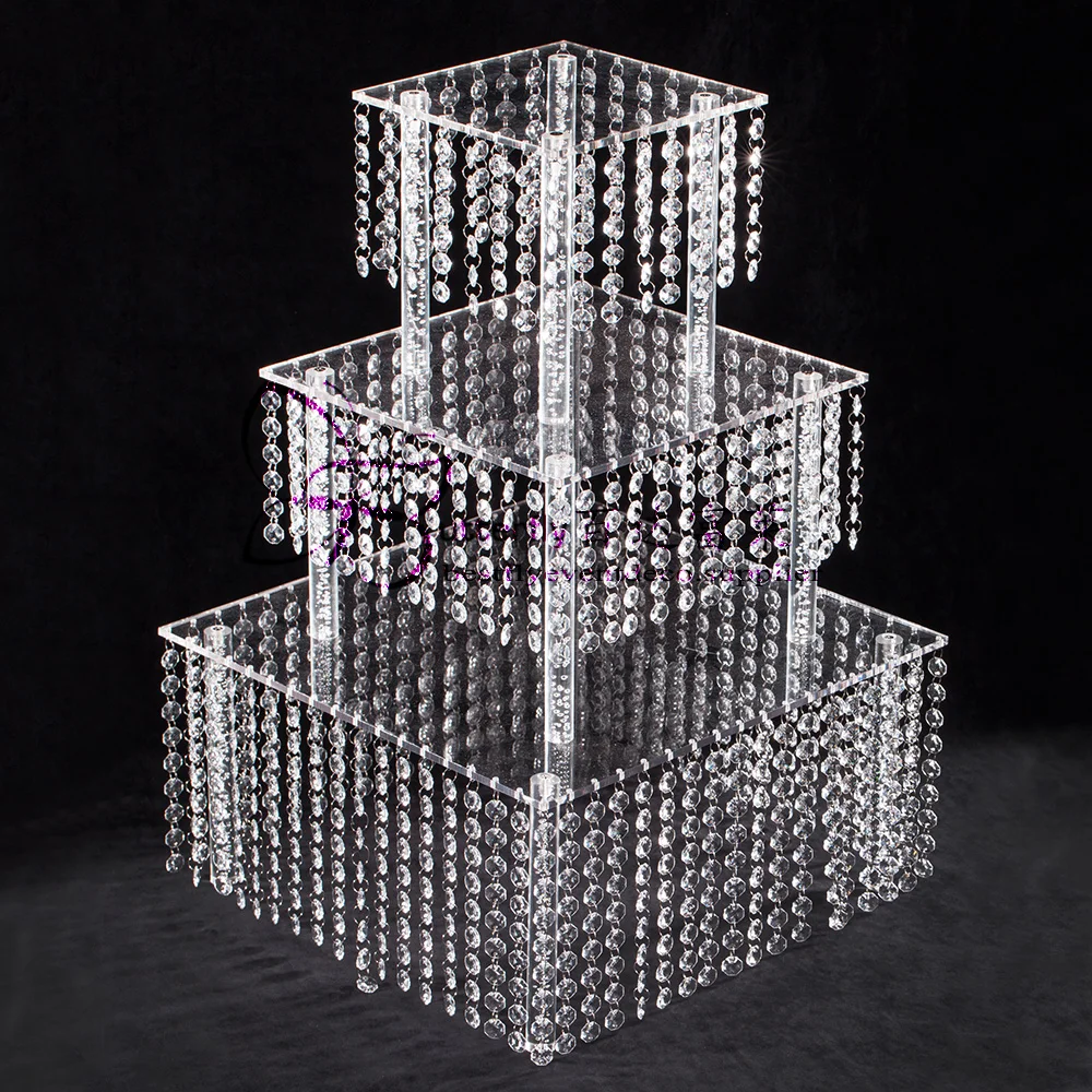 

3 Tier Cake Stand Square Acrylic Crystal Beaded Chandelier For Birthday Wedding Party Cascade Cupcake Tower Wedding Centerpiece