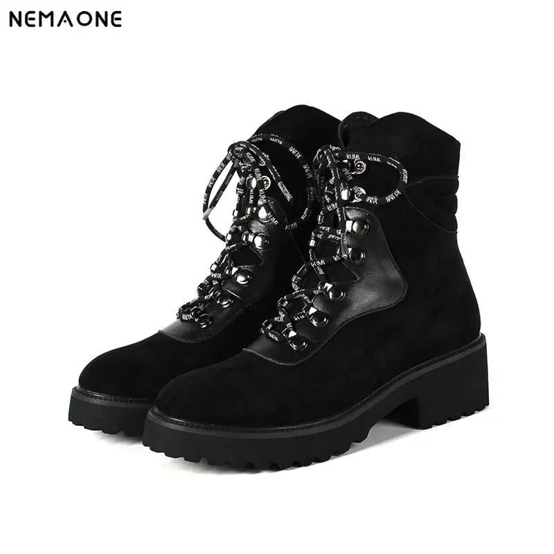 

NemaoNe 100% cow leather Autumn Winter Platform Ankle Boots Women Lace Up Thick Heel ladies Boot lace up Shoes woman Size 34-43