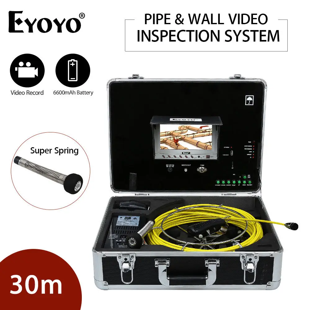 

Eyoyo 30M Pipe Wall Video Inspection Sewer Drain Camera Pipeline Snake Cam DVR 7" LCD Monitor 6600mAh Battery with USB Port