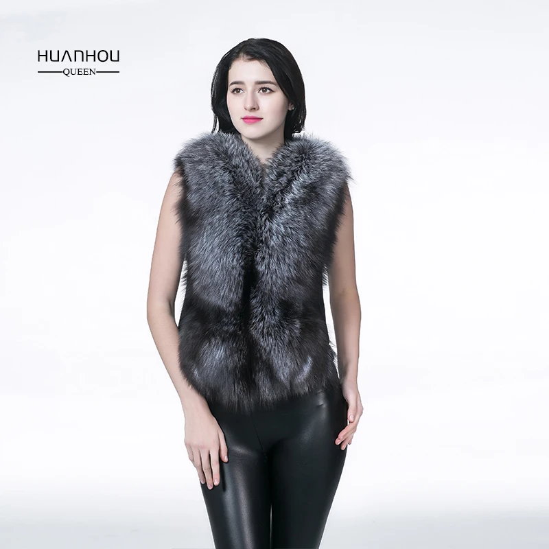 

Autumn women vest of 2019 real silver fox fur vest with high quality genuine leather, short style fashion slim V-Neck
