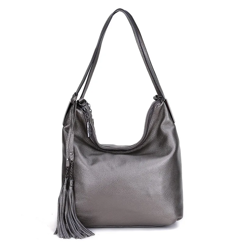 Большая вместительность, натуральная кожа, женские сумки через плечо, женские сумки с кисточками для покупок, женская сумка - Цвет: Ancient Silver