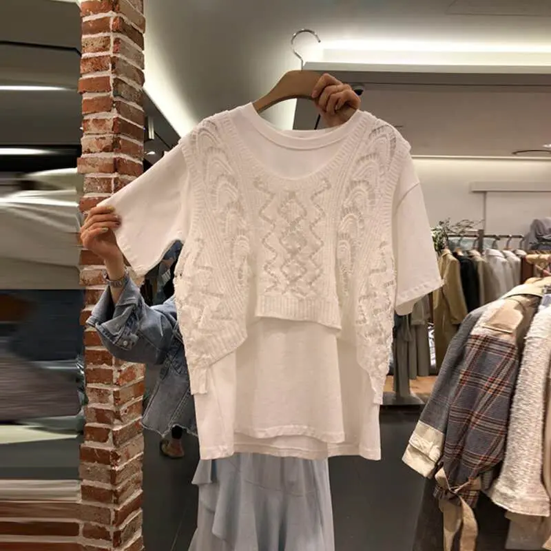 

2019 Spring and Summer Casual Knitted Vest T-shirt Short Sleeve Small Popular Fashion T-shirts High Street O-Neck T-shirts