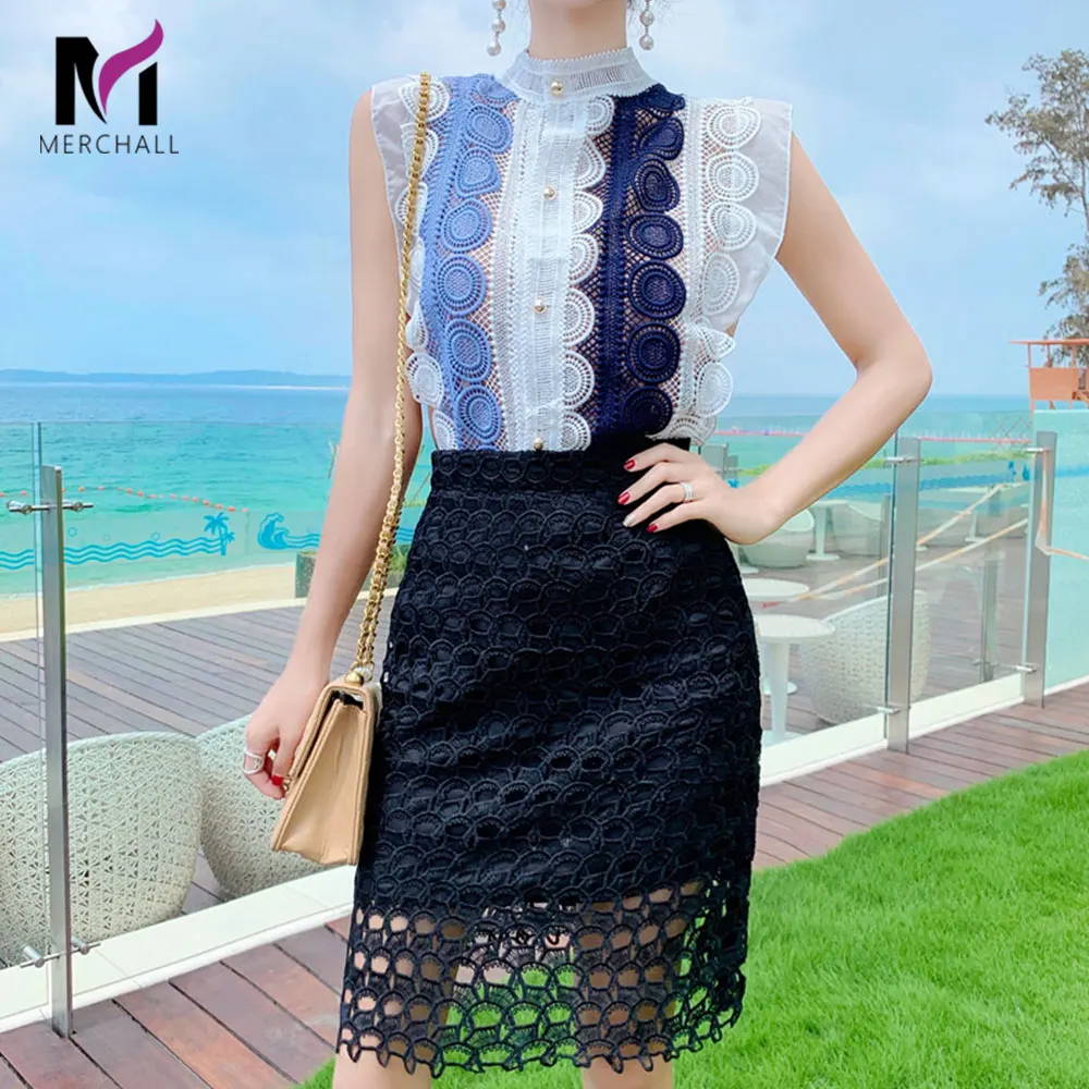 

New 2019 Summer Lace Two Piece Set Women's Sleeveless Contrast Color Striped Lace Vest Top + Black Hollow Out Knee Skirt Set