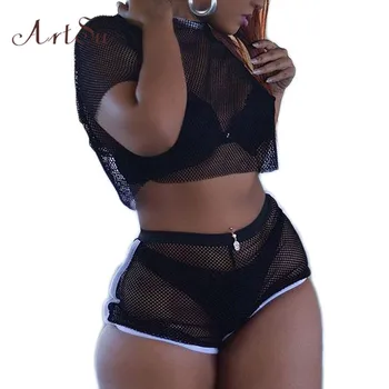 

Artsu Women Fishnet Mesh Sexy Matching Sets Summer Two Piece Set Crop Top and Shorts Mujer Tracksuit Femme Outfits ASSU60034