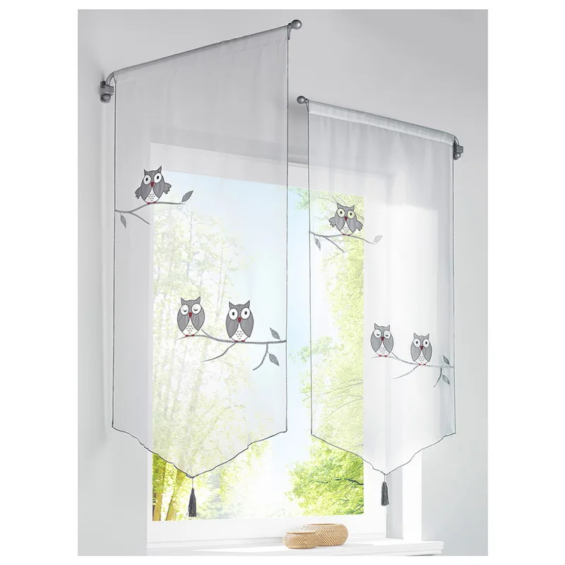 

Hoomall Fashion Cartoon Owl Embroidered Roman Curtain Voile Tulle Sheer Kitchen Balloon Window Curtain 1pcs