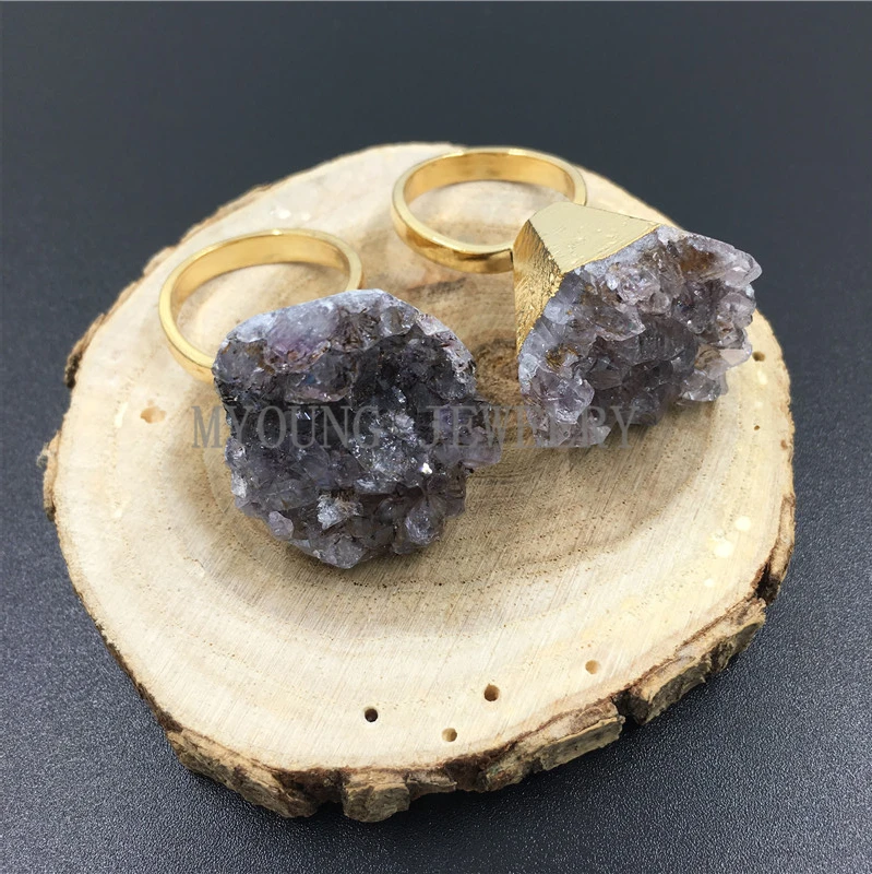 

MY1016 Natural Crystal Quartz Cluster Rings Charm Amethysts Gold Color Base Metal Rings Jewelry for women