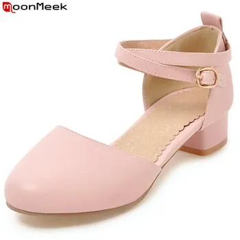 

MoonMeek 2020 new prevail round toe pumps women shoes square heels with buckle med heel sweet pink color ladies shoes