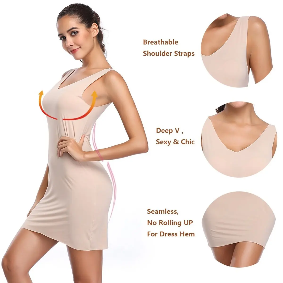 Full Slips for Women Under Dresses Long Body Shaping Cami Slip Seamless Slimming Deep V Neck Slip