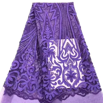 

Latest African Lace Fabric Embroidered French Sequins Lace Fabric 2019 Purple Nigerian French Beaded Net Lace Fabric