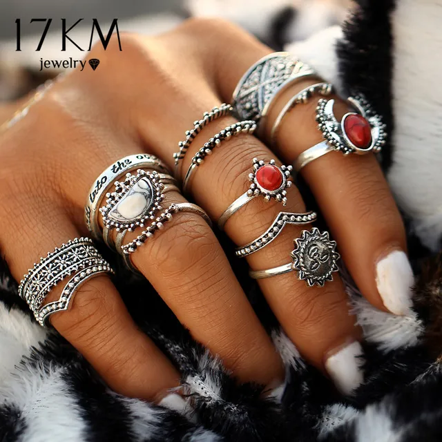 17 KM 14 pz/set Vintage Argento Colore Luna E Sole Midi Anello imposta per le Do 17 KM 14 pz/set Vintage Argento Colore Luna E Sole Midi Anello imposta per le Do