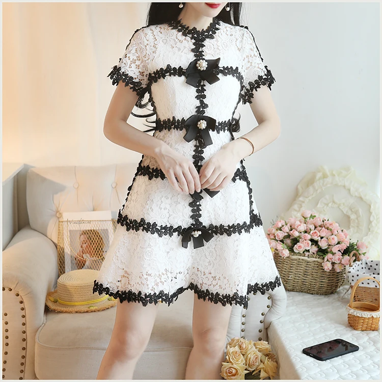 New Summer Fashion Hollow Out Crochet Lace Dress Women Short Sleeve Beading Back Lace-up Vintage Dress Party Vestidos - Цвет: white