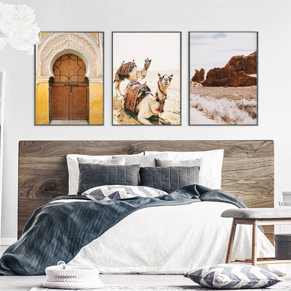 Пустынные животные верблюд Печать на холсте и плакаты Boho California настенные художественные картины Марокканская дверь Дубай Современный домашний декор