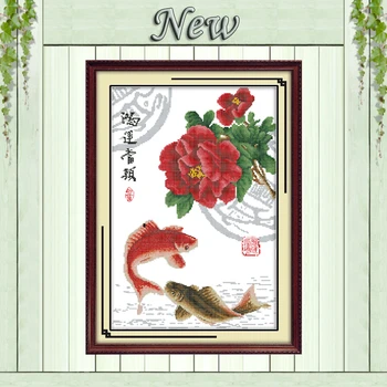 

Opportunity knocks peony fish painting counted print on canvas DMC 11CT14CT Chinese Cross Stitch kits embroidery needlework Sets