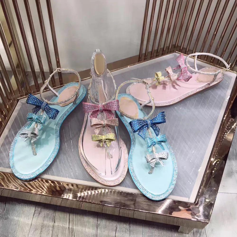 Cielo Playa Arco Azul Verano Feminina Pisos Sandalia Cuero Genuino rosado Rhinestone Plana Estilo Roma Sandalias Mujer Zapatos Hebilla qHRnaxFw