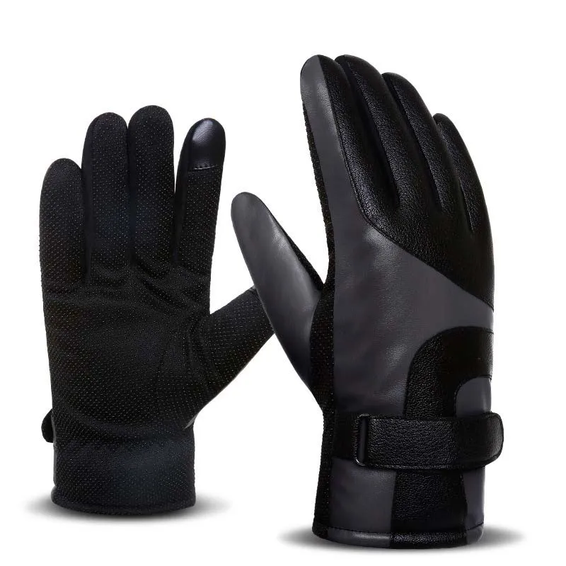 

Leather gloves male locomotive touch screen PU plus velvet thick warm driving leather gloves