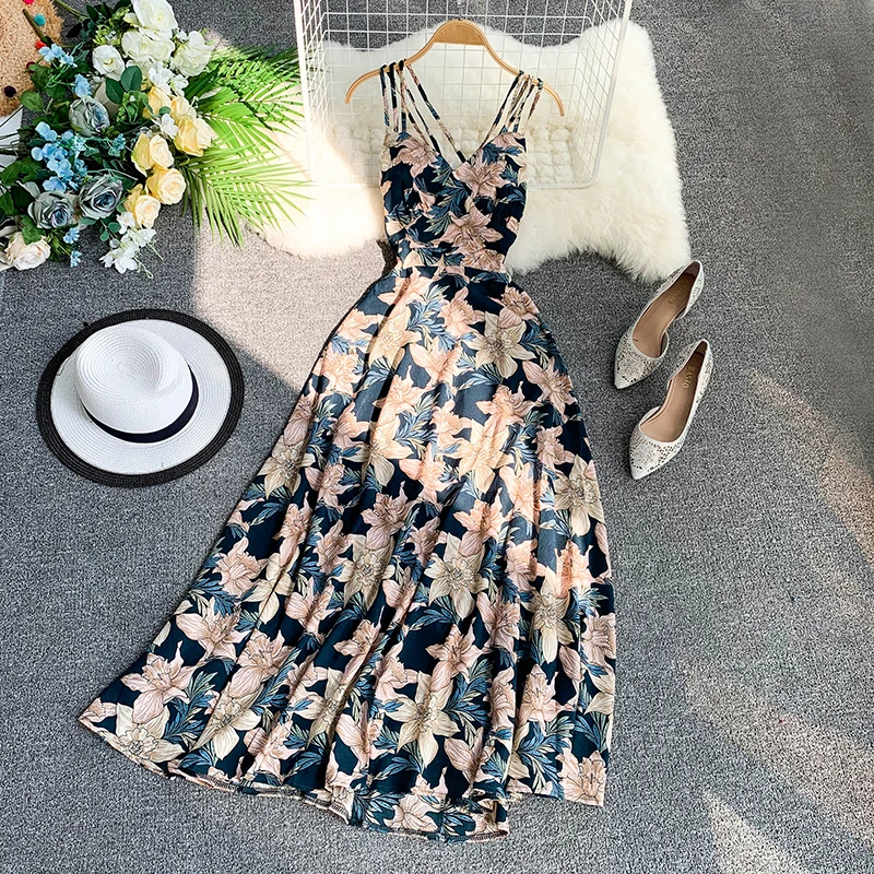 

2019 new fashion women's dresses Seaside resort beach sexy backless swing dress strap dress