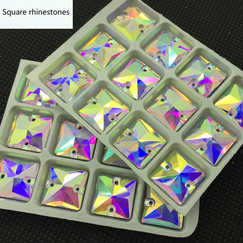 Crystal-AB-Square-Sew-on-Rhinestones-Glass-Crystal-10-12-14-16-22mm-Flatback-sew-on