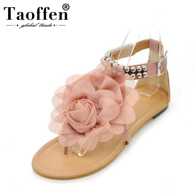 TAOFFEN كبير حجم 34-43 صنادل طراز جلاديتور المرأة بوهيميا مطرز الصيف زهرة الكعب المسطح الوجه يتخبط أحذية نسائية Tstraps الصنادل