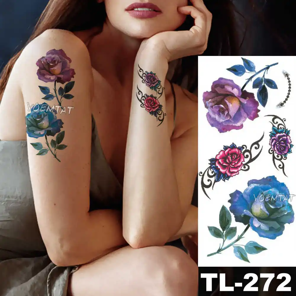 Фиолетовые Акварельные Цветы Розы лилии, водостойкие тату наклейки для женщин, боди, грудь, искусство, временная татуировка, девушка, талия, 3D цветы, тату - Цвет: 19-TL272