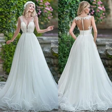 Нежное Тюлевое свадебное платье трапециевидной формы с v-образным вырезом и кружевной аппликацией, свадебные платья на тонких бретелях