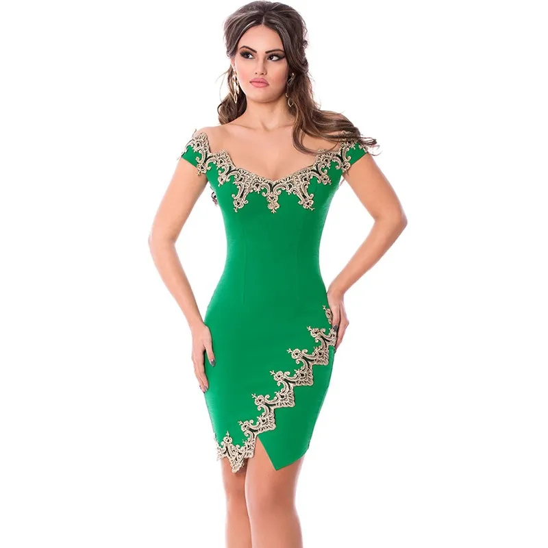 Gold-Lace-Applique-Green-Off-Shoulder-Mini-Dress-LC22715-9-1