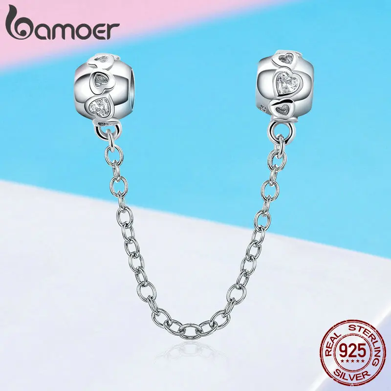 BAMOER Genuine 100% 925 Sterling Silver Romantic Heart Safety Chain Charm fit Women Charm Bracelets DIY Jewelry Making SCC736