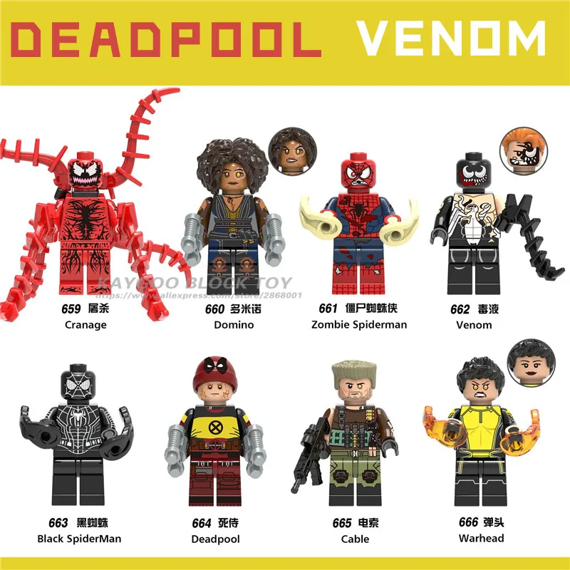 

Spiderman Figure Black Spider Man Domino Super Hero Venom Cable Warhead Deadpool Building Blocks Kits Set Brick Model Toys X0166