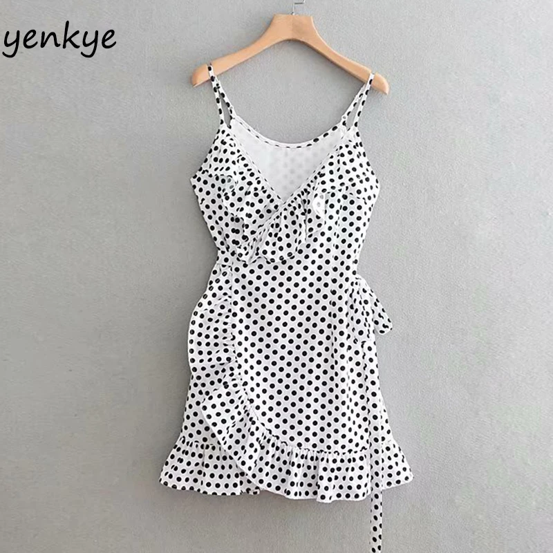 

2019 Women Vintage Polka Dot Ruffle Sling Sexy Dress Lady V Neck Sleeveless A-line Mini Holiday Summer Dress OZZ8989