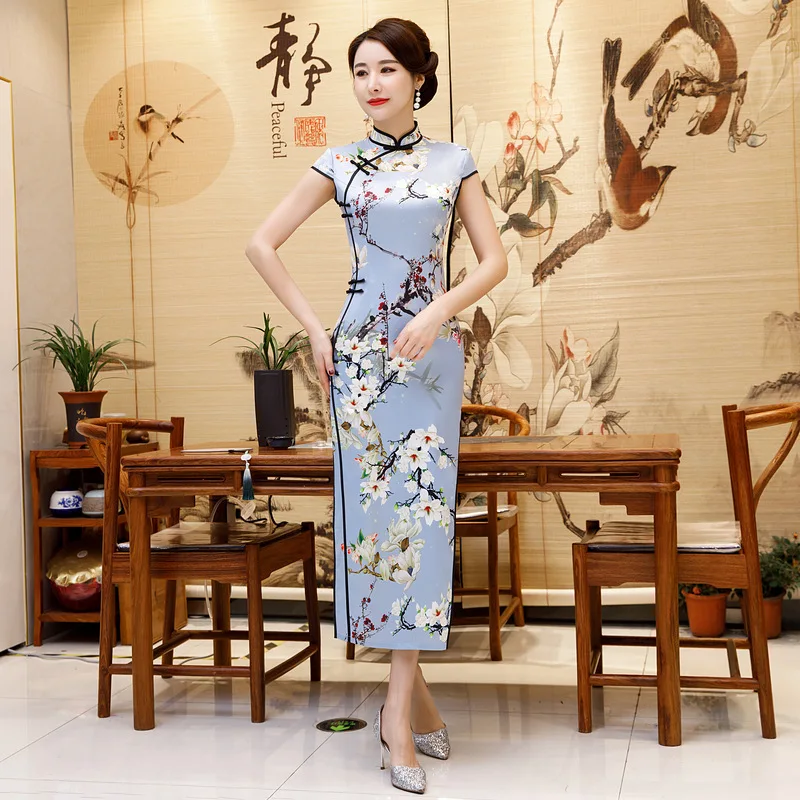 Весенне-летнее женское винтажное тонкое длинное Qipao с цветочным принтом элегантное сценическое шоу Cheongsam Плюс размер китайское вечернее платье M-3XL