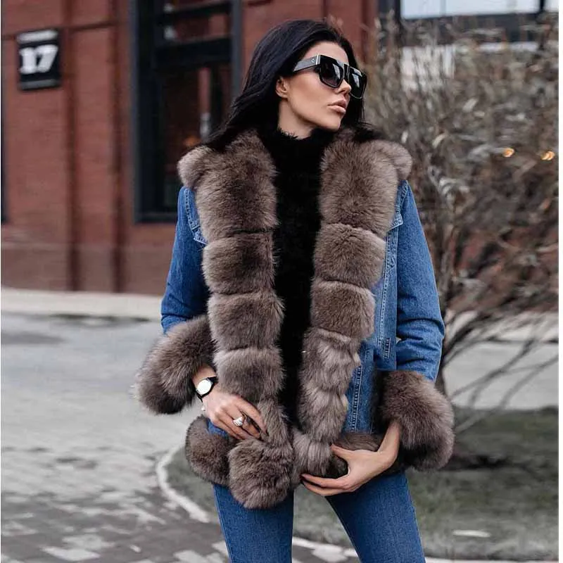 

TOPFUR 2019 Fashion Real Fur Coat Women Casual Denim Jacket For Women With Luxury Fox Fur Collar Real Fox Fur Parka Women Jeans