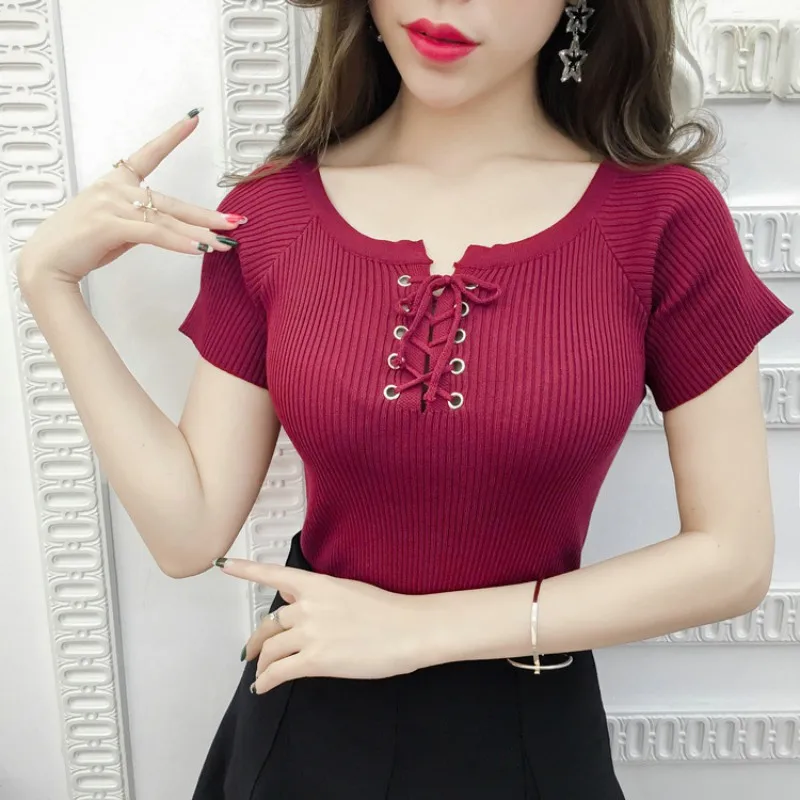 

Women Front Lace Up Summer Tops Summer T-Shirt Sweet Short Sleeves Knitted T shirt Top