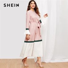 SHEIN Контрастное Платье С Поясом И Оригинальным Рукавом Женское Многоцветное Осеннее Элегантное Платье С Длинными Рукавами И Оборками