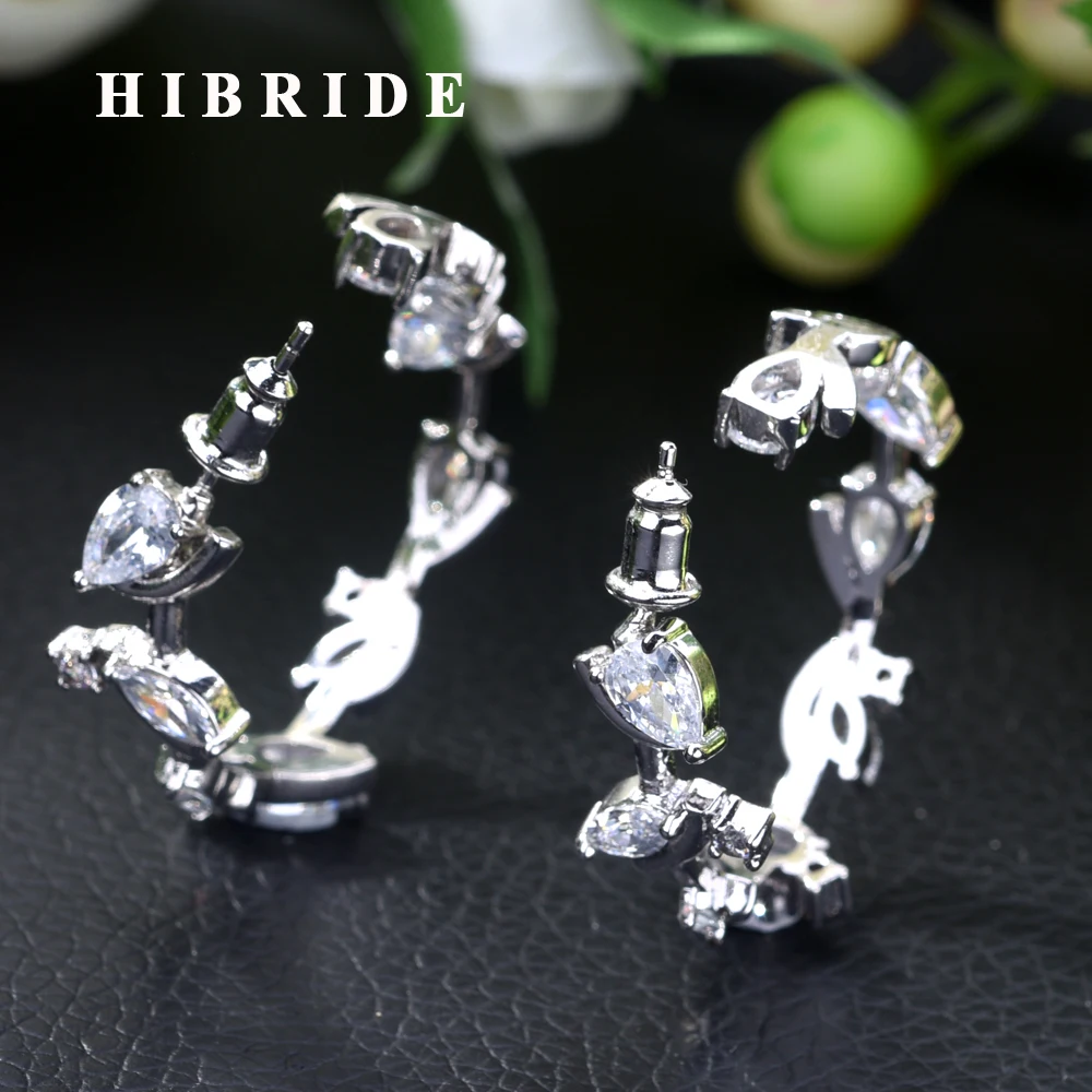 

HIBRIDE Fashion Ladies Hoop Earring Round Circle Micro Pave Cubic Zirconia Crystal Large Silver Hoop Earrings Jewelry CZ E-450