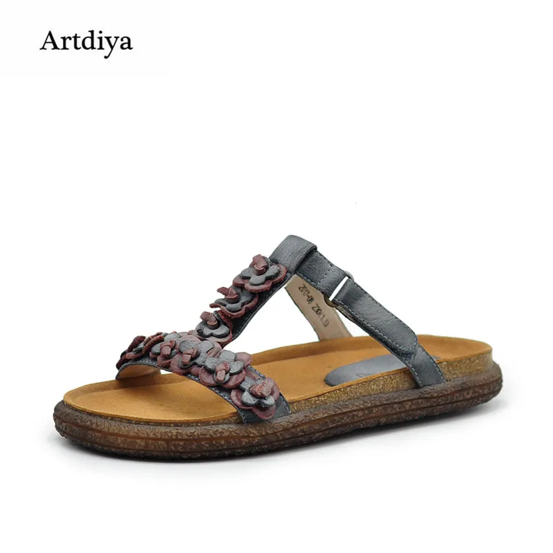 

Artdiya 2018 New Women Slippers Flower Flat Leather Handmade Sweet Shoes Cowhide Comfortable Outer Sandals 2017-08