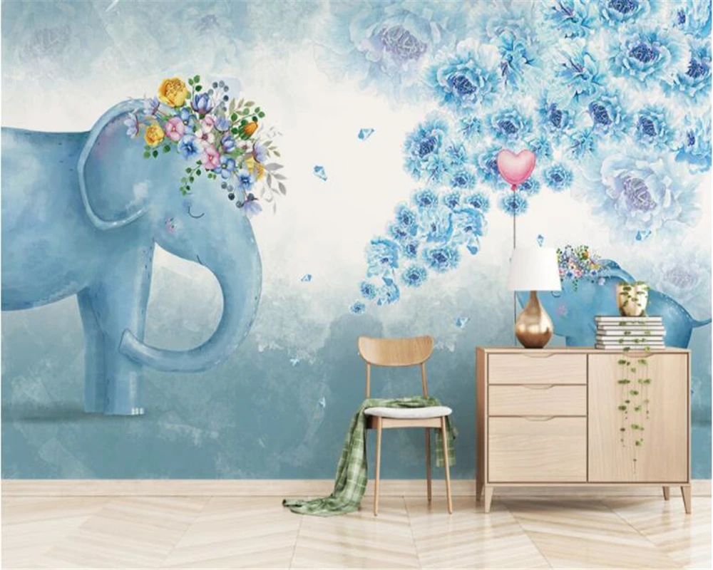 beibehang Custom wallpaper Nordic hand drawn elephant flowers children's bedroom living room TV background wall 3d wallpaper