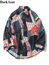 Dark Icon Ukiyo Egeometry Patchwork Long Sleeved Shirts Men Hip Hop Shirts Streetwear Shirts Men's Top