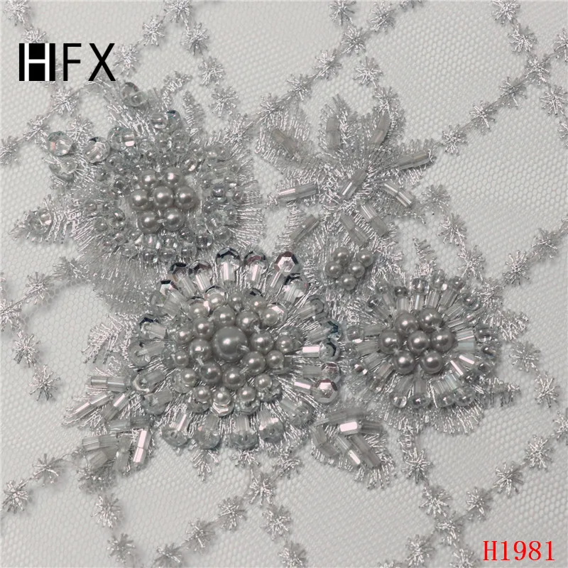 

HFX Beaded Lace Fabric Silver Grey Luxury French Lace Sequin Embroidered African Wedding Dress Net Lace Fabric for Girls X1981
