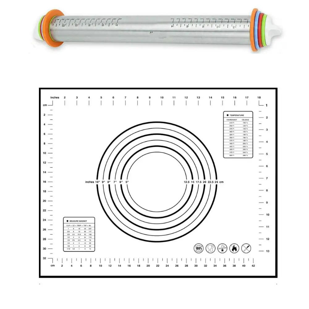 Регулируемая нержавеющая сталь 17 дюймов Скалки ролик для теста и кондитерский коврик для выпечки теста, пиццы, пирога, выпечки, макаронных изделий