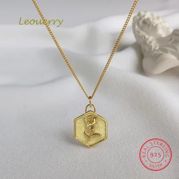 

Leouerry Original Gold Plated Hexagonal Pendant Necklace Creative Engraving Roseflower Female Clavicular Chain Necklace