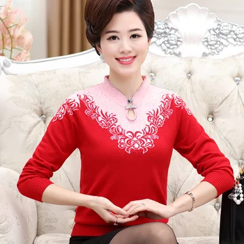 

2020 Women's Autumn New Long Sleeve Knitted Middle-aged Winter Mama Chiffon Collar Shirt