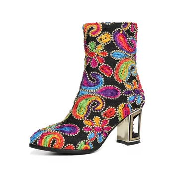 

Spring and Autumn Fashion Women's Boots Exquisite Fabric Comfort Thick High Heels Shoes Side Zipper Women's Boots Size 33-43