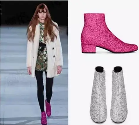 

Glitter Shoes Women Runway Bling Ankle Botas Gold Silver Shiny Shoes side zip Low Square Heel Black Blue Boots Plus size Eu 45