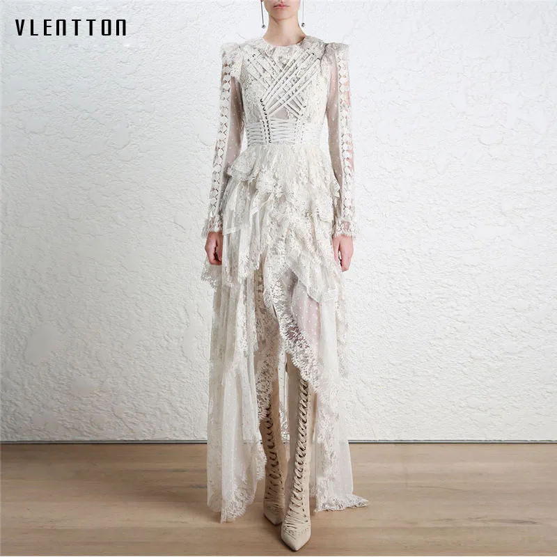 

Lace dresses 2018 Spring Summer Lace Dress High-End Ladies O-Neck stitching Runway Vintage Female Slim Sexy Party Dresses
