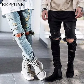 

REPPUNK 2019 new streetwear personality ripped elastic skinny jeans 2 colors male fashion cotton destroyed hiphop denim trousers