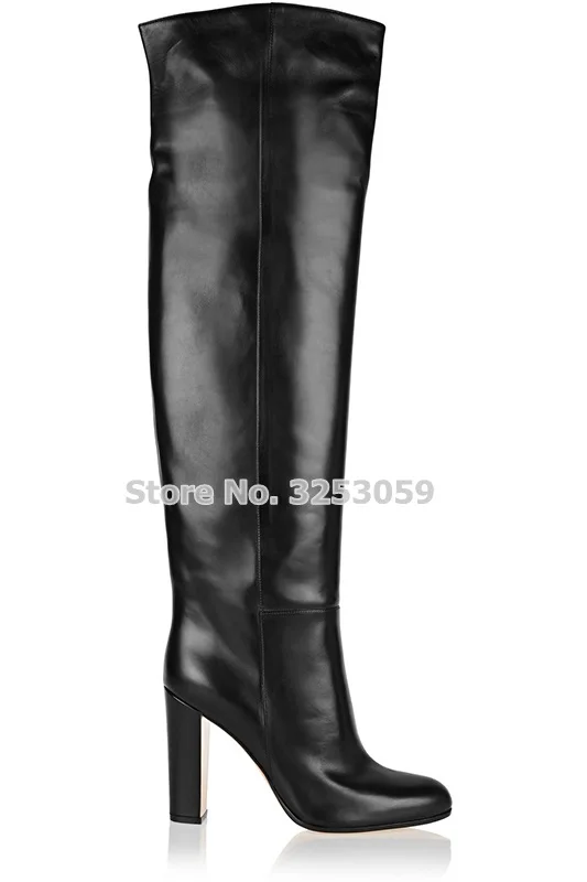 ALMUDENA/женские черные кожаные сапоги выше колена; модельные сапоги на толстом высоком каблуке; брендовые высокие сапоги на массивном каблуке; обувь для ночного клуба и сцены
