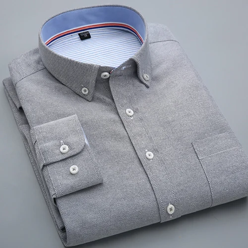 Мужская однотонная оксфордская Базовая рубашка с длинным рукавом, с левым нагрудным карманом, Мужская умная Повседневная приталенная Рабочая Рубашка на пуговицах - Цвет: Серый