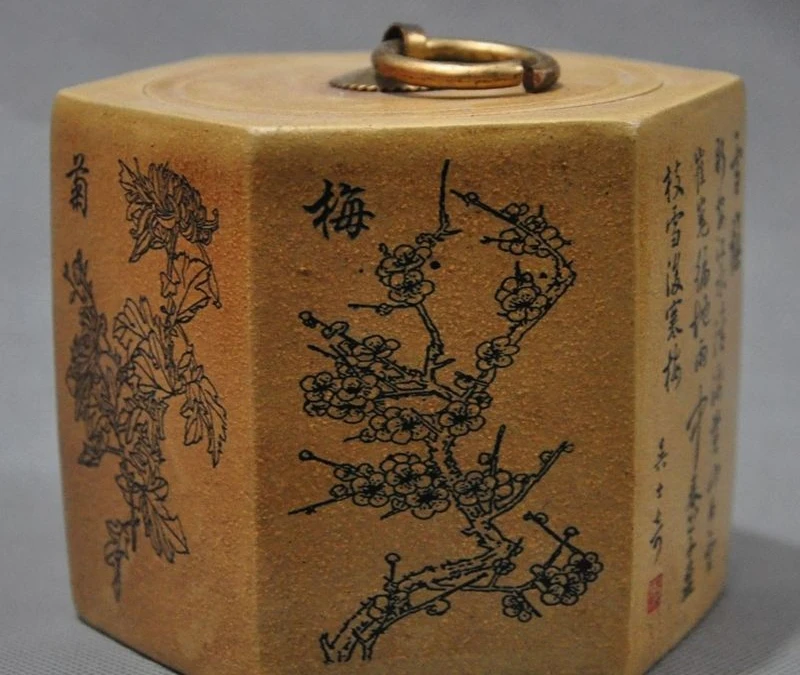 

Old China Yixing zisha pottery Carved Plum Orchid Bamboo Daisy Tea Caddies Jar