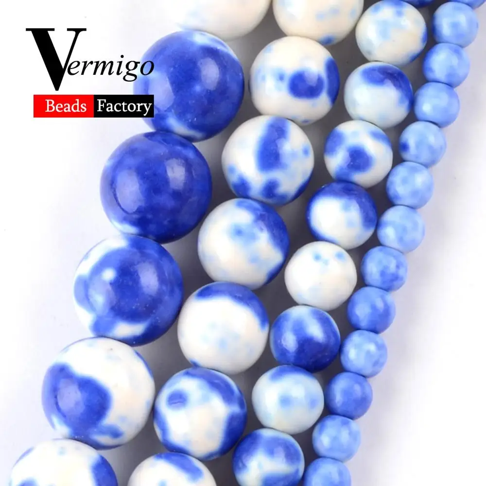 

Natural Blue White Spots Rain Flower Stone Beads For Jewelry Making DIY Necklace Bracelet Round Loose Spacer Beads 4mm-10mm 15"