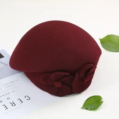 Flower French Trilby Wool Soft Stewardess Hat gorras planas New Fashion Women Beret Hat For Women Beanie Female Cap - Цвет: wine red